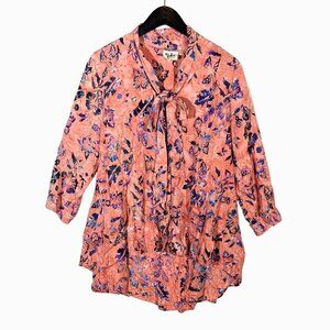 Go Fish Batik Hawaiian Print Secretary Tie Blouse High Low Womens Large Pink